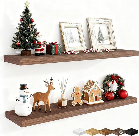 Fun Memories 40" Rustic Wood Floating Shelves with Invisible Brackets for Storage & Decor, Deep Wall Mounted Shelves for Bathroom, Kitchen, Living Room (Walnut, Set of 2)