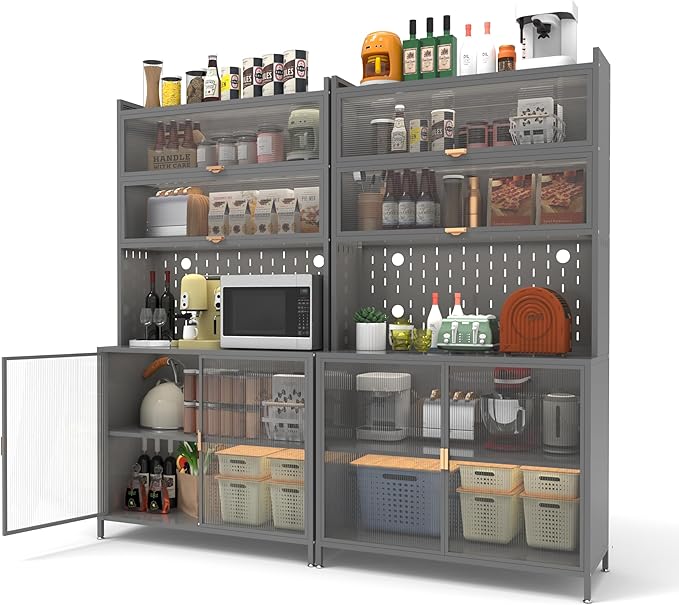 73'' Tall Kitchen Pantry Cabinet, 6 Level Flip Door with Pegboard Metal Pantry Storage Cabinet, Anti-Tip Design Hutch for Kitchen, Dining Room, Living Room,Grey