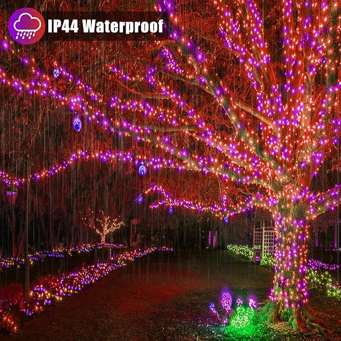 Vivideal 300 LED Christmas Lights Outdoor, 100ft Christmas String Lights Indoor Clear Wire 8 Modes Waterproof Plug in String Light for Tree Party Garden Decorations, Purple&Orange