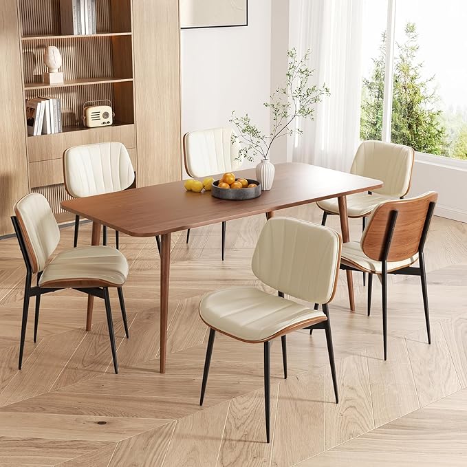Dining Chairs Set of 4, Mid Century Modern Dining Room Chairs, Upholstered Faux Leather Kitchen Chair with Walnut Bentwood Back for Kitchen Dining Room Living Room, Beige