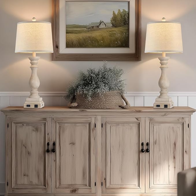 28" Farmhouse Table Lamps Set of 2 with USB C+A Ports and AC Outlet, 3 Way Touch Tall Vintage Bedside Lamp for Living Room, Beige Rustic Nightstand Lamp for Bedroom Office