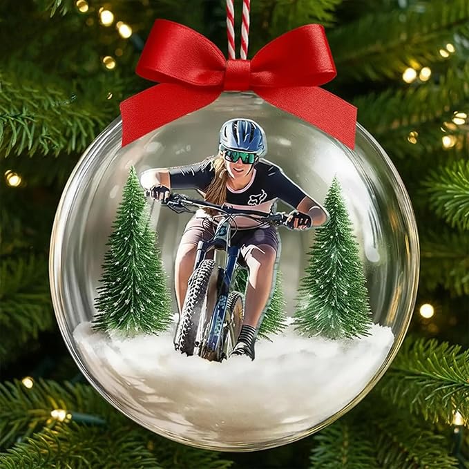 UrbanNEST Personalized Mountain Biking Snow Globe Ornament, Bicycle Ornaments for Christmas Tree, Mountain Bike Ornament, Bicycle Ornaments, Biker Girl Gifts, Gifts for Cyclist, Xmas Decorations