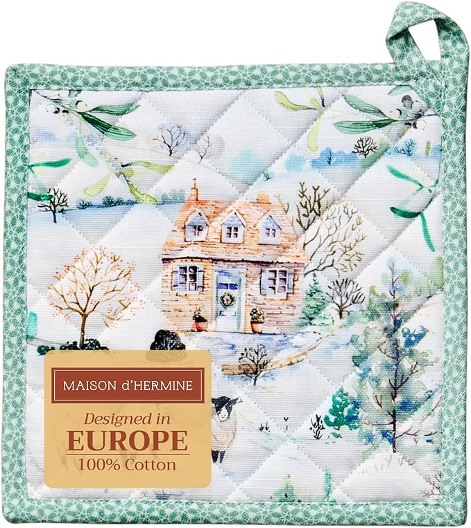 Maison d' Hermine Pot Holders 100% Cotton Heat Resistant Potholders 8" x 8" Hot Pads with Loop for Thanksgiving Christmas Decorations BBQ Cooking Baking Handling Hot Pans (Pack of 1, Snowy World)