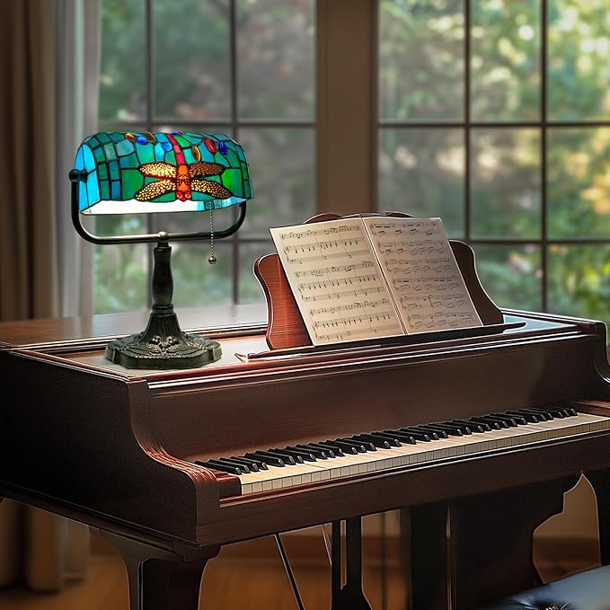 Vintage Tiffany Style Bankers Lamp - Stained Glass Desk Lamp with Pull Chain, Dragonfly Design Table or Desks Light LED Bulb Included, Bankers Desk Lamps for Office Living Room Study Room