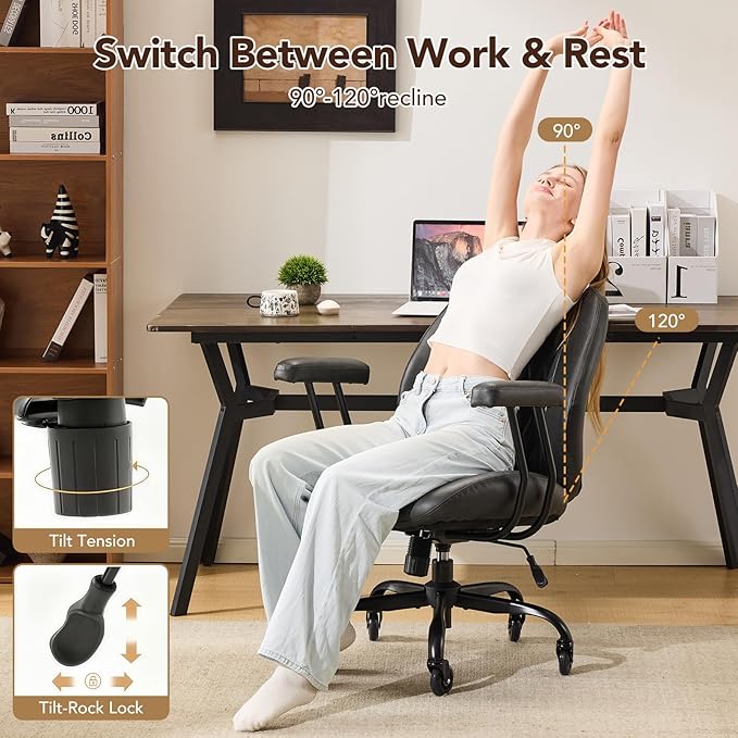 YFO Home Office Desk Chair Office Rubber Casters Ergonomic Computer Chair with Lumbar Support Adjustable Height Rolling Swivel Executive Task Armrests Chair， Black PU