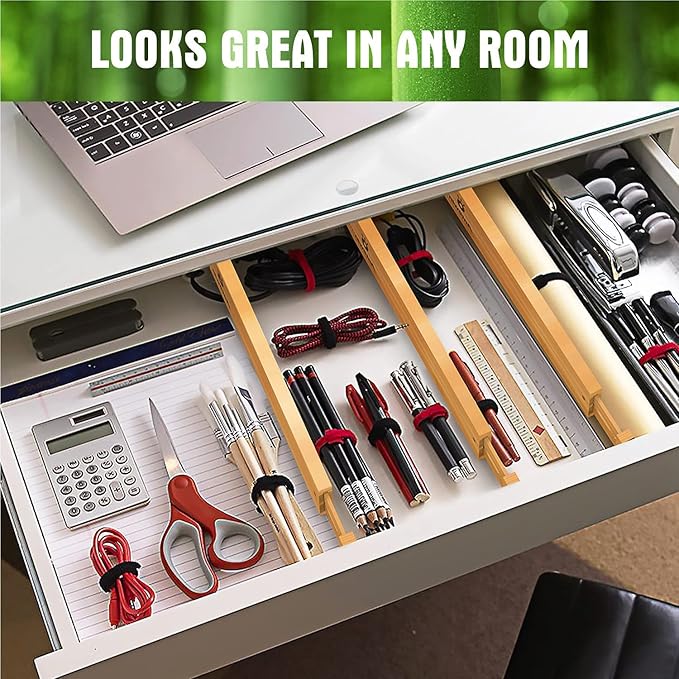 ANTOWIN Bamboo Drawer Dividers Organizers, Drawer Separators Splitter,13-17 inches Long Adjustable Spring-loaded Organizer for Large Utensil, Clothes, Tools Drawers (4+3)