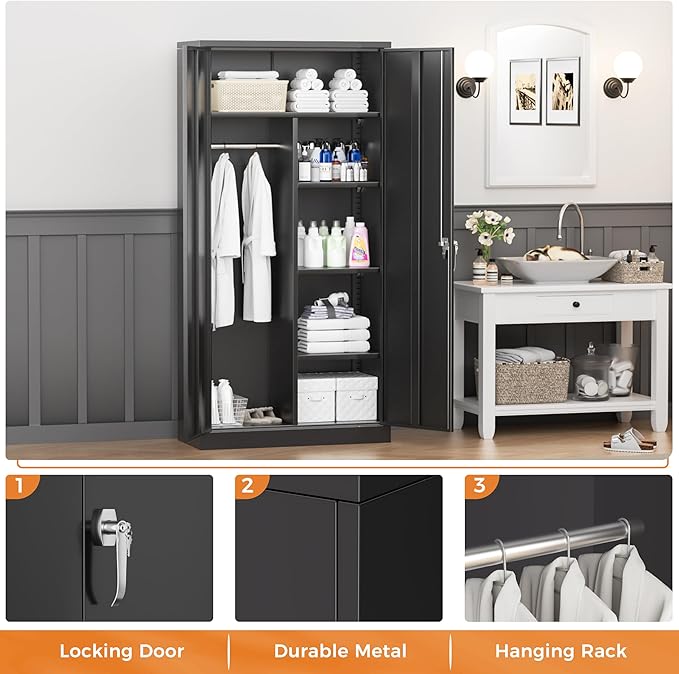 INTERGREAT Metal Wardrobe Closet, 72" H Metal Storage Armoires Cabinet with Lockable Doors and Hanging Rod, Armoire Wardrobe Closet with 4 Adjustable Shelves for Home Office, Warehouse, Garage, Black