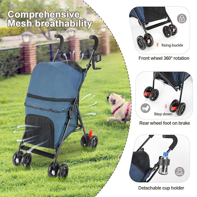 Pet Stroller for Small Dogs Medium Dogs 33lbs, Dog Pram Ultra Light - only 3.5 kg, Dog Stroller Pet Pram with 4 Wheel Foldable/Storage Basket/Cup Holder-P07 (Navy)