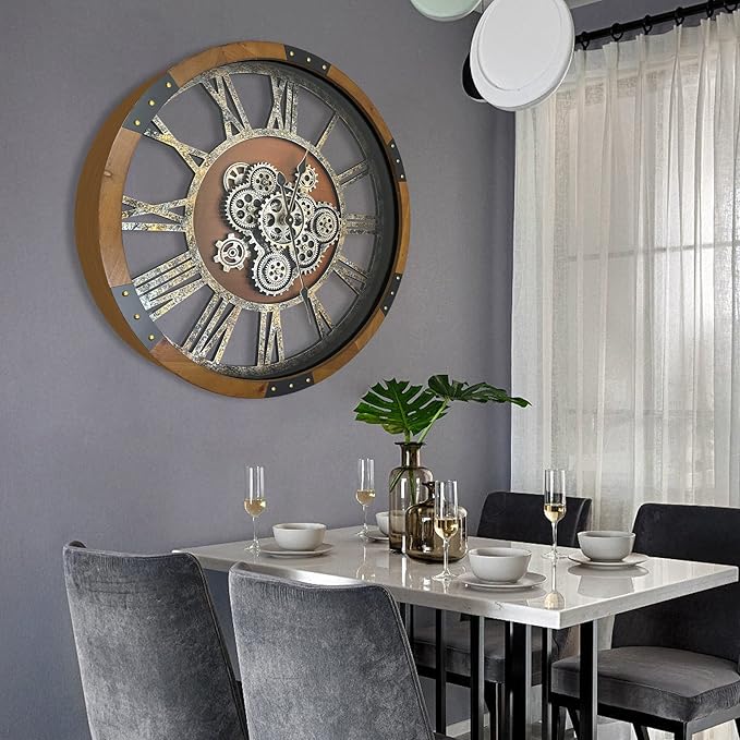 DORBOKER 27" Original Moving Gears Wall Clock, Large Industrial Wall Clock for Living Room Decor, Retro Metal Solid Wood Vintage Farmhouse Steampunk Rustic Clocks for Wall Decor,Brown Nanmu