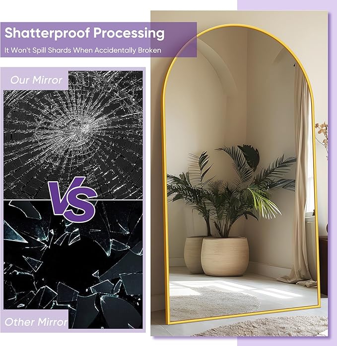 Full Length Mirror, 72"x44" Floor Mirror Freestanding, Oversized Floor Standing Mirror Full Body Mirrors with Stand for Bedroom, Hanging Mounted Mirrors for Living Room Cloakroom, Gold, Arched