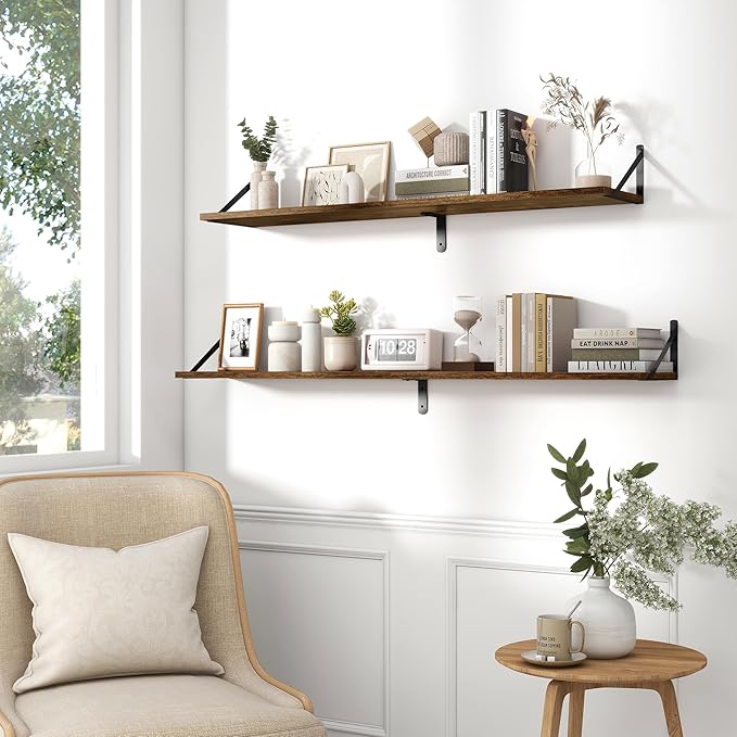 Fun Memories Deep Floating Shelves for Wall, 48W x 8D Wall Mounted Shelves Set of 2, Wide Display Ledge Shelf with Sturdy Metal Brackets for Living Room, Bathroom, Bedroom and Kitchen, Rustic Brown