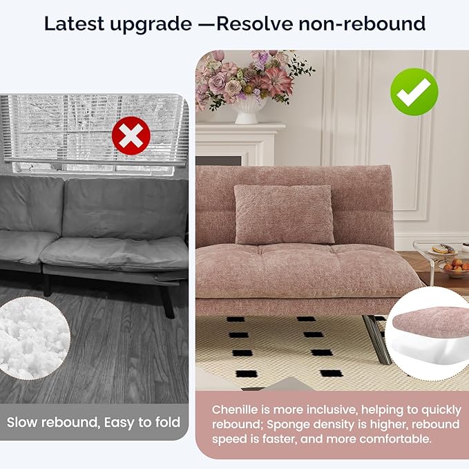 Futon Sofa Bed Convertible 70 inch Solid Wood Couch for Living Room, Chenille Fabric, 2 Cushions (Pink)