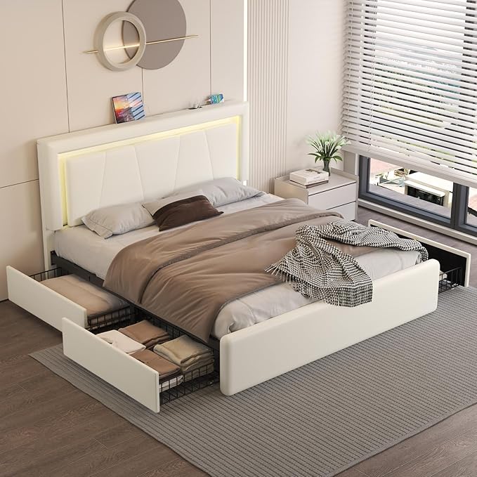 Full Size Bed Frame with 4 Storage Drawers and LED Lights, Upholstered Platform Bed with Adjustable Headboard and Charging Station, Metal Slats Support, No Box Spring Needed,Easy Assembly, White
