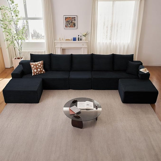 167.7" Sectional Cloud Couch for Living Room, Stupendous U Shaped Sofas, Modular Floor Deep-Seat Sofa, Big Comfy Corduroy Couches Set with Fluffy Memory Foam, No Assembly Required, Black