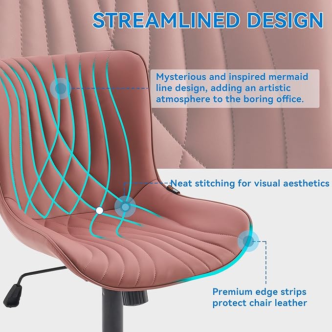YOUNIKE Office Chair, Armless Desk Chair with Wheels, Adjustable Swivel Home Office Computer Task Chairs, Modern Faux Leather Upholstered Vanity Chair with Back, Dusty Rose