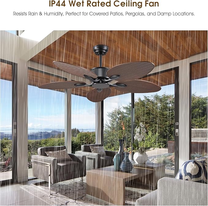 50 Inch Tropical Ceiling Fan no Light, Outdoor Waterproof Palm Leaf Ceiling Fans for Patios Porches, Remote +APP Control, Wet Rated, 6 Speeds, Quiet, Dark Brown