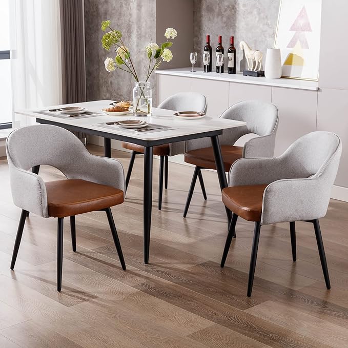 DUOMAY Modern Swivel Dining Chairs Set of 2, Linen & Faux Leather Upholstered Accent Side Chair, Home Office Desk Chair with No Wheels for Dining Room Living Room Office, Light Grey