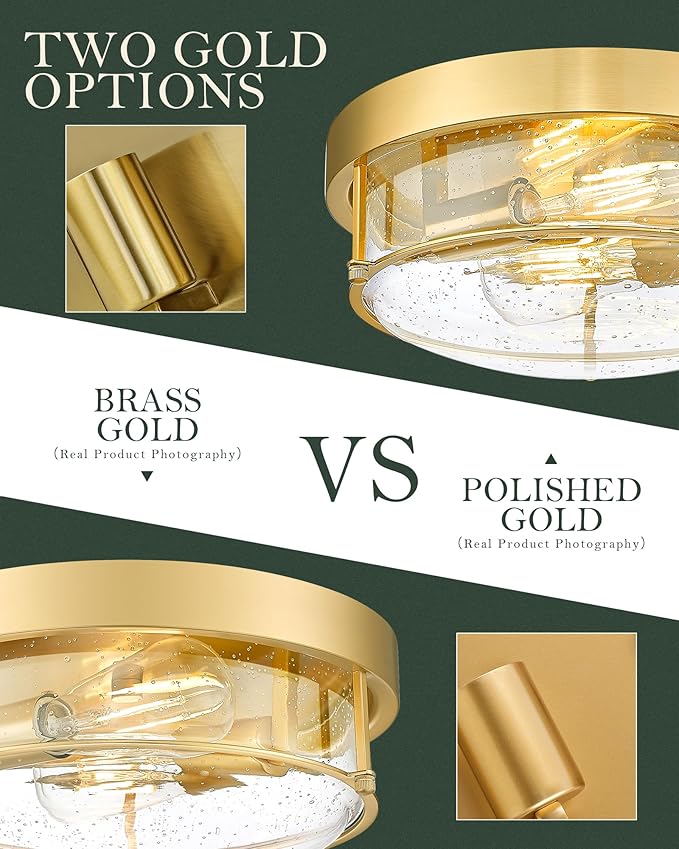 12" Flush Mount Ceiling Light, Farmhouse Style, Bubble Glass,Brass Gold, for Living Room, Bedroom, Dining – CKCL4822-2W-SGBB