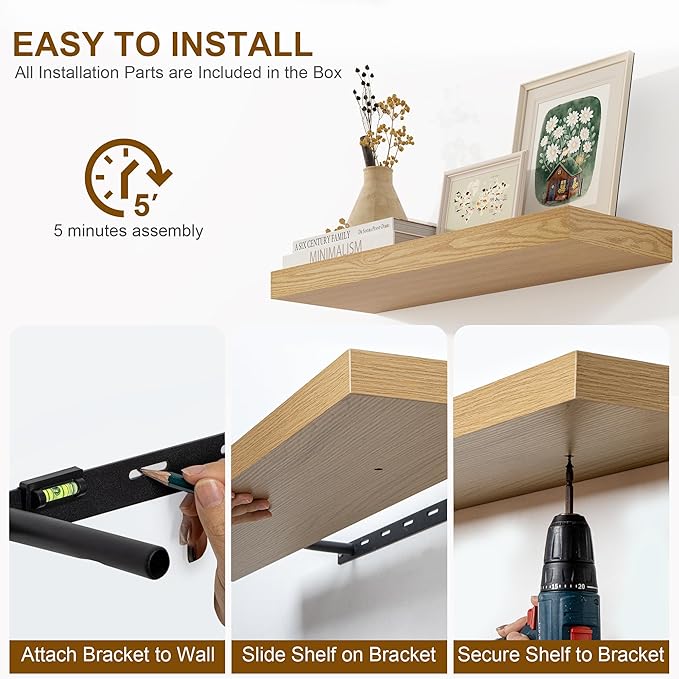 Fun Memories Floating Shelves for Wall, 32Inch Floating Shelves Set of 2, Hanging Shelf with Invisible Brackets, Wood Shelves for Living Room, Bedroom, Kitchen, Oak