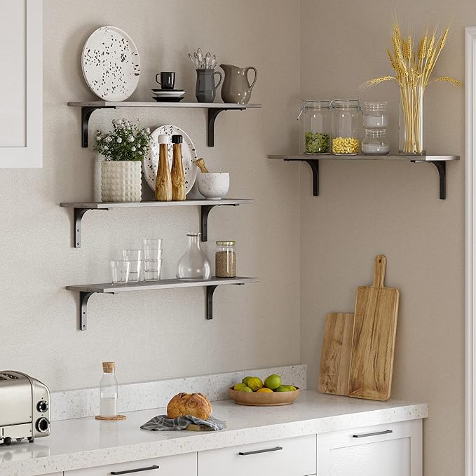 DINZI LVJ Long Wall Shelves, 31.5 Inch Wall Mounted Shelves Set of 2, Easy-to-Install, Floating Storage Ledges with Sturdy Metal Brackets for Living Room, Bathroom, Bedroom, Kitchen, Gray Wash