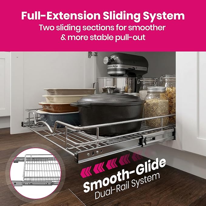 HOLDN’ STORAGE Pull Out Cabinet Organizer, Heavy Duty Caddy w/Lifetime Limited Warranty -14”W x 21”D - Requires At Least 15-1/4” Cabinet Opening, Steel Metal Cabinet Drawers Slide Out, Chrome