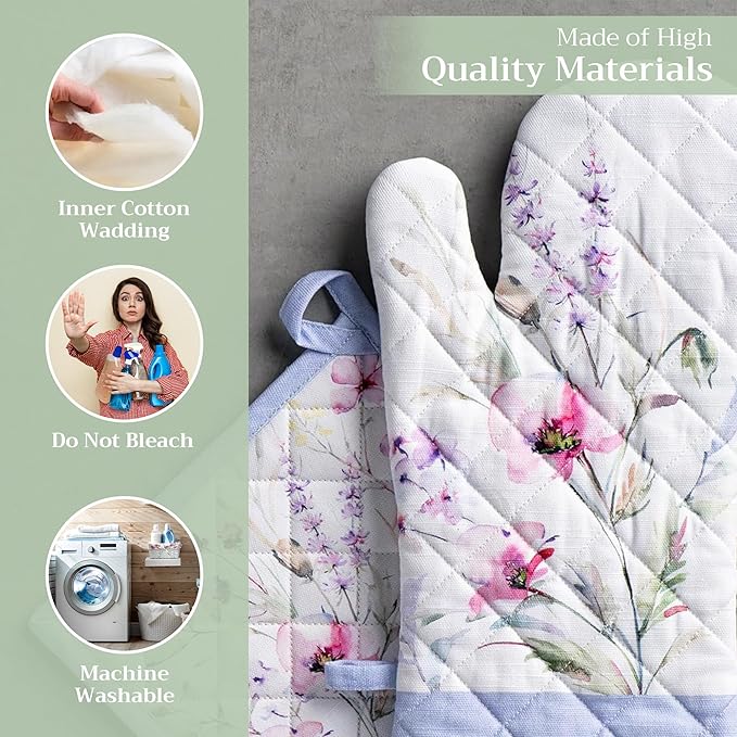 Maison d' Hermine 100% Cotton Oven Mitt & Pot Holder Set (7.5"x13" & 8"x8") Heat Resistant BBQ Cooking Gloves with Loop, Baking, Grilling, Kitchen, Handling Hot Pans Spring/Summer (Summer Floral)