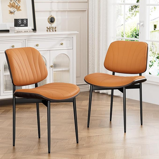 Dining Chairs Set of 2, Mid Century Modern Dining Room and Kitchen Chairs, Upholstered PU Leather Chairs with Walnut Bentwood and Metal Legs, Orange