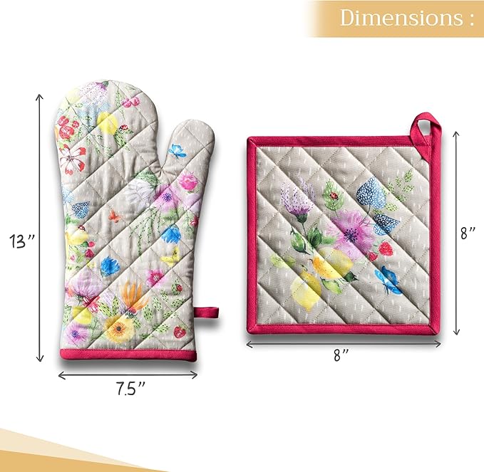 Maison d' Hermine 100% Cotton Oven Mitt & Pot Holder Set (7.5"x13" & 8"x8") Heat Resistant BBQ Cooking Gloves with Loop, Baking, Grilling, Kitchen, Handling Hot Pans Spring/Summer (Jardin D'Ete - Fog)