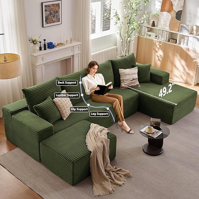 135" U-Shape Cloud Couch, Modern Modular Sectional Comfy L-Shape Sofa with Ottoman, Deep Seat, Upholstered Corduroy Sleeper Chaise Longue for Living Room Bedroom, No Assembly Required, Green