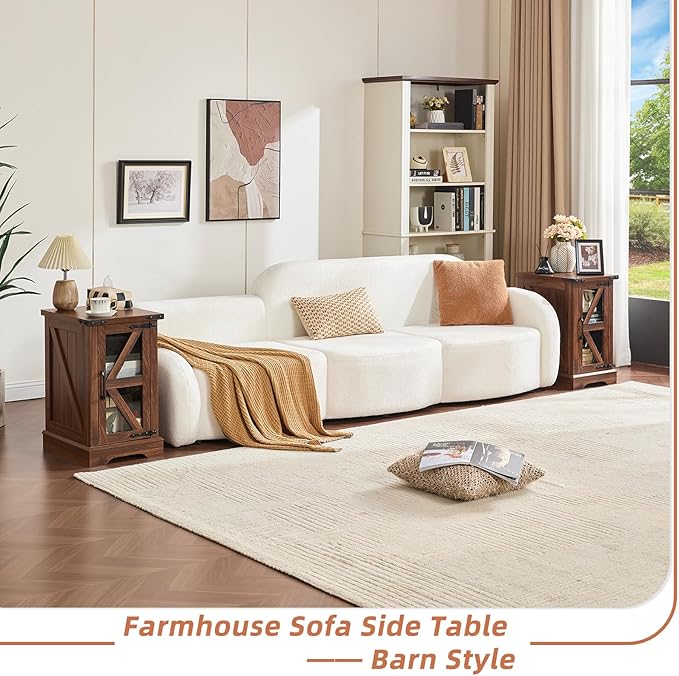 Farmhouse Coffee Table Sets 2 Pieces, Narrow Night Stand with Glass Barn Door Storage, Large Coffee Tables with Hidden Storage Organizer, Wood Furniture Sets for Living Room, Office, Brown