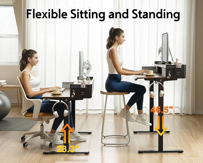55x24 Inches Electric Standing Desk with 2 Drawers, Height Adjustable Stand up Desk for Home Office, Ergonomic Sit to Stand Table with Storage Shelf, DIY Board, Hooks, Rustic Brown