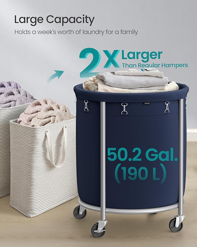 SONGMICS 50.2-Gallon (190 L) Laundry Basket with Wheels, Rolling Round Heavy-Duty Laundry Hamper Cart with Steel Frame and Removable Bag, 2 Locking Wheels, Charcoal Blue and Metallic Silver URLS001Q01