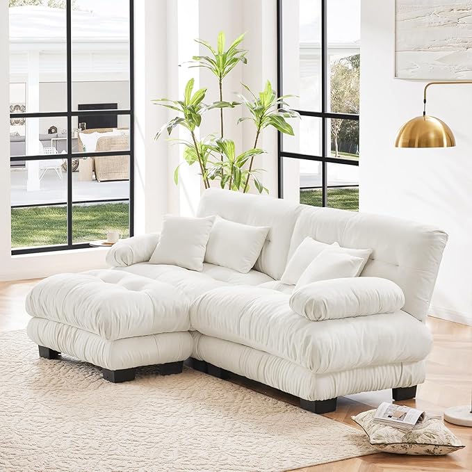 94.4" Loveseat Sofa, 2 Seater Modular Sectional Sofa, White Large L Shaped Sectional Fluffy Couch, Chenille Cloud Couch with Ottoman, Deep Seat Sofas for Living Home