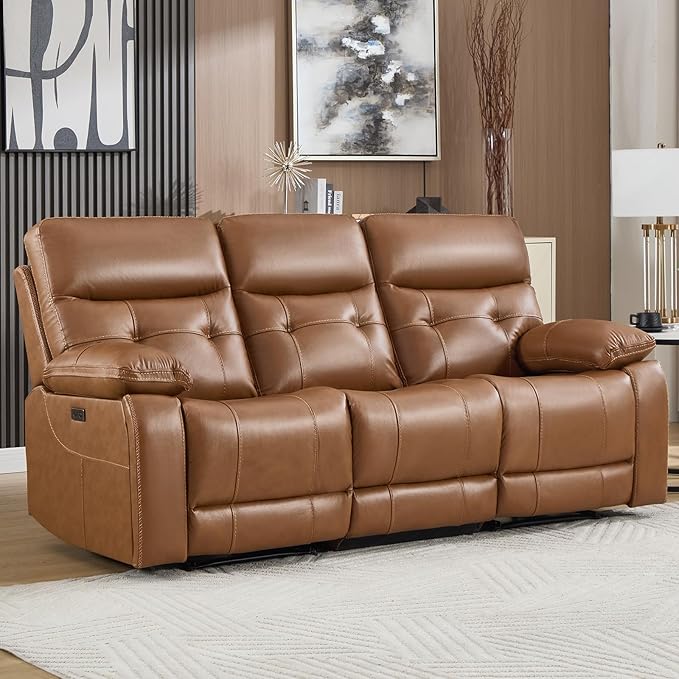 CANMOV Genuine Leather Power Recliner Sofa,3 Seater Reclining Sofa with Comfortable Arms and Back,Modern Electric Recliner Couch Set with Hidden Cup Holders,USB Port for Living Room,Brown