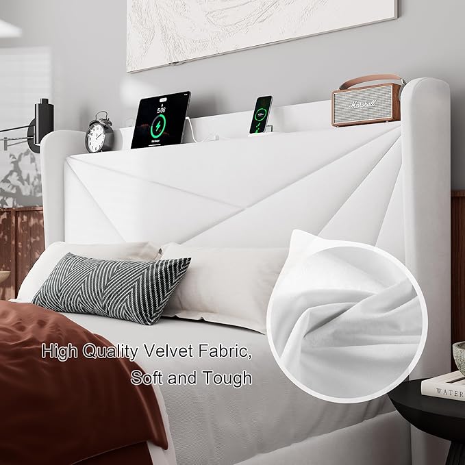 Feonase Queen Size Bed Frame with Charging Station, Velvet Upholstered Platform Bed Frame with Wingback Storage Headboard, Solid Wood Slats Support, No Box Spring Needed, Noise Free, White