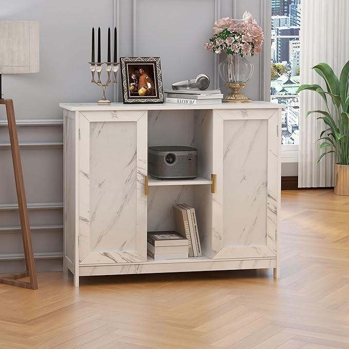 TaoHFE Marble Top Narrow Sideboard Cabinet,Modern White Marble Side Buffet Cabinet with Storage,Kitchen Island Narrow Sideboard for Kitchen for Living Room