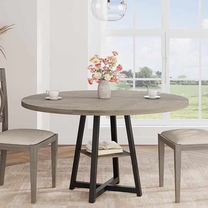 GAOMON Industrial Round Dining Table, 47 Inch Round Kitchen Table for 4, Dinner Table with Wooden Top and Metal Base for Dining Room, Living Room (Grey, 47.2 in w/Storage)
