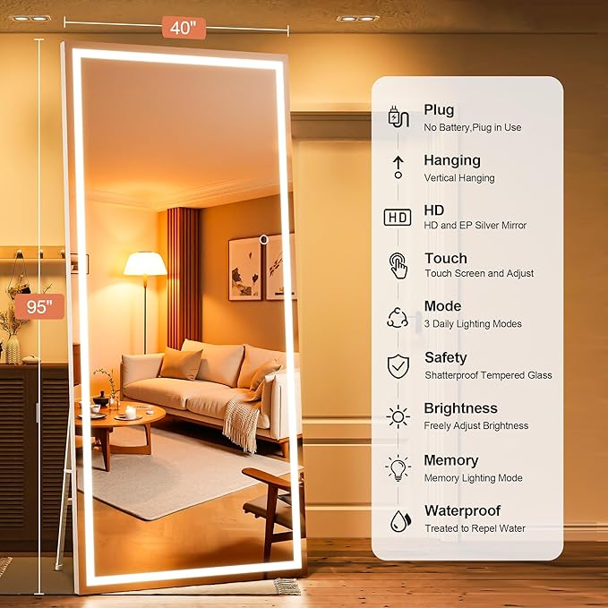 Full Length Mirror with Lights, 95" x 40" Large LED Lighted Floor Standing Body Mirror, Dimmable & 3 Color Lighting for Home Gym, Cloakroom, Living Room, Leaning & Hanging, Square Black