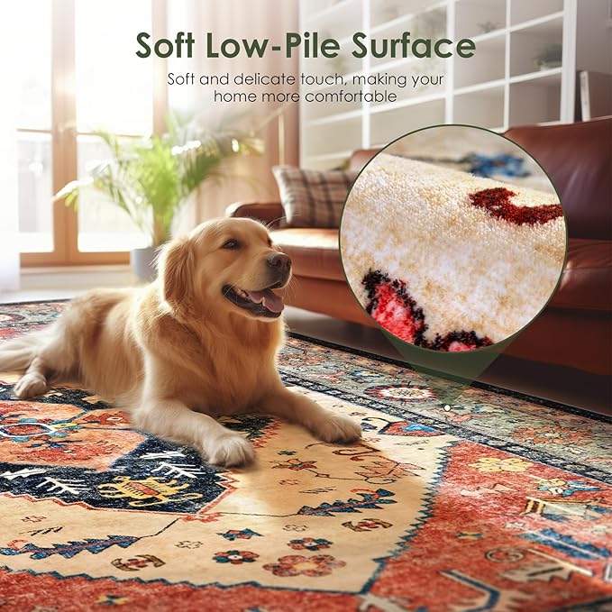 Washable Living Room Area Rugs - 9x12 Large Soft Machine Washable Non-Slip Low Pile Area Rugs, Vintage Oriental Neutral Carpet for Bedroom Dining Room Dorm Office Decor Red/Beige