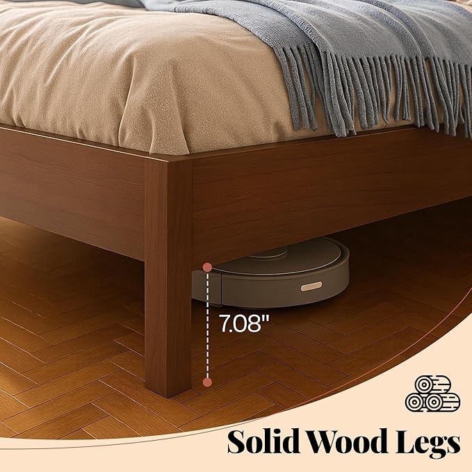 Jocisland Wood Full Size Bed Frame with Tall Upholstered Curved Headboard, Solid Wood Platform, No Box Spring Needed, Wood Slat Support, Brown