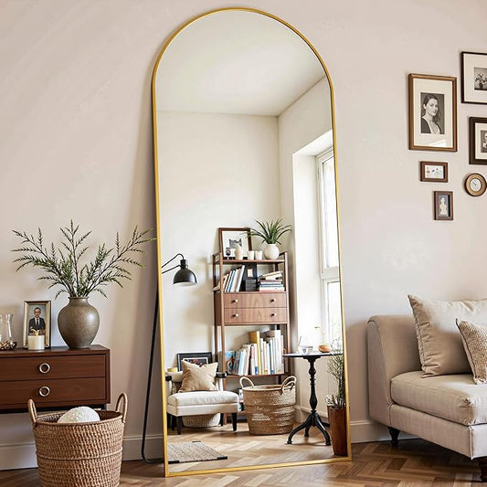Full Length Mirror, 64"x21" Arched Full Body Mirror, Floor Mirrors with Stand, Standing Hanging Leaning Against Wall,Aluminum Frame Mirrors for Bedroom Cloakroom,Living Room,Gold