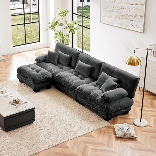 133.8" Oversized Couch, 3 Seater Modular Sectional Sofa, Grey Large L Shaped Fluffy Couch Set, Chenille Cloud Sofas with Ottoman for Living Room