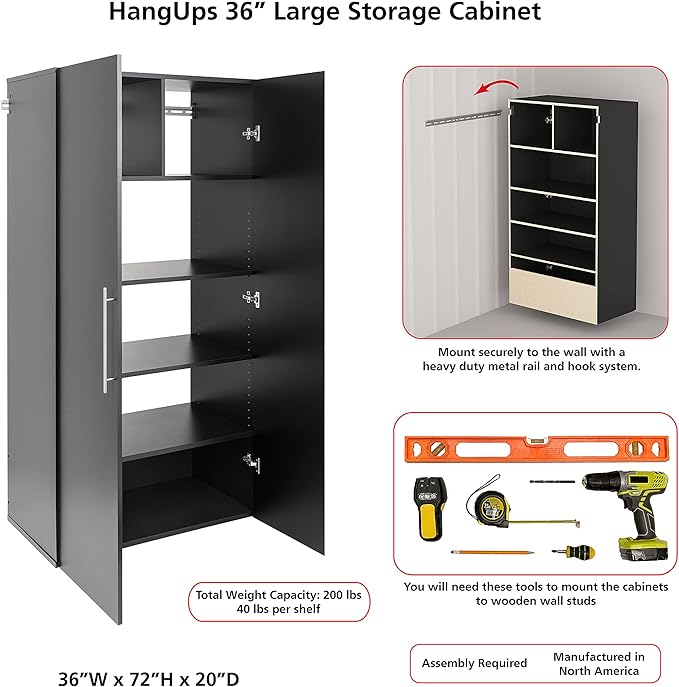 Prepac HangUps Large Storage Cabinet - Immaculate Light Gray 36" Cabinet with Storage Shelves and Doors; Ideal for Bin and General Storage Solutions