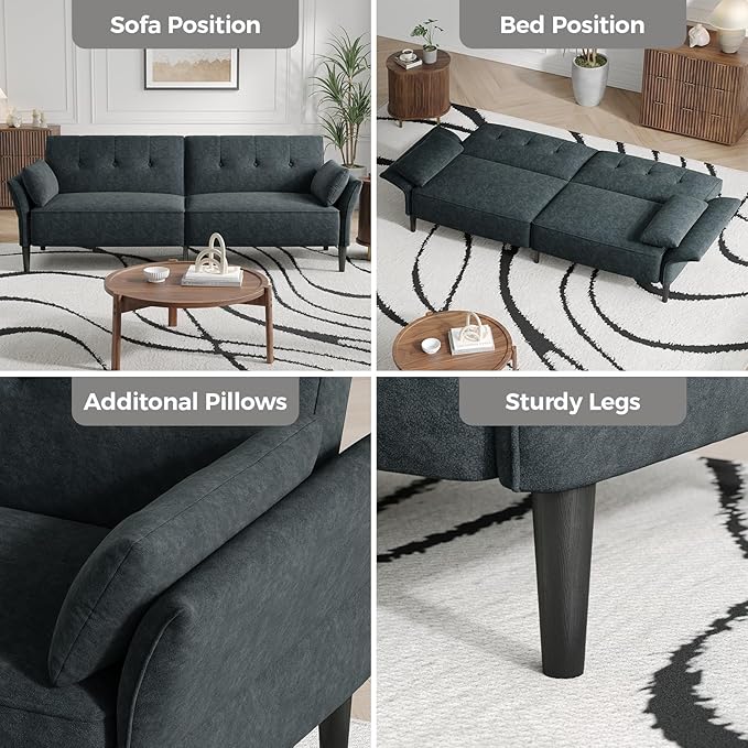 89” Futon Sofa Bed, Comfy Futon Couch Bed with 2 Square Pillows,Convertible Sleeper Sofa with Adjustable Backrest& Armrests, Modern Loveseat Sleeper for Living Room,Velvet Fabric Dark Gray