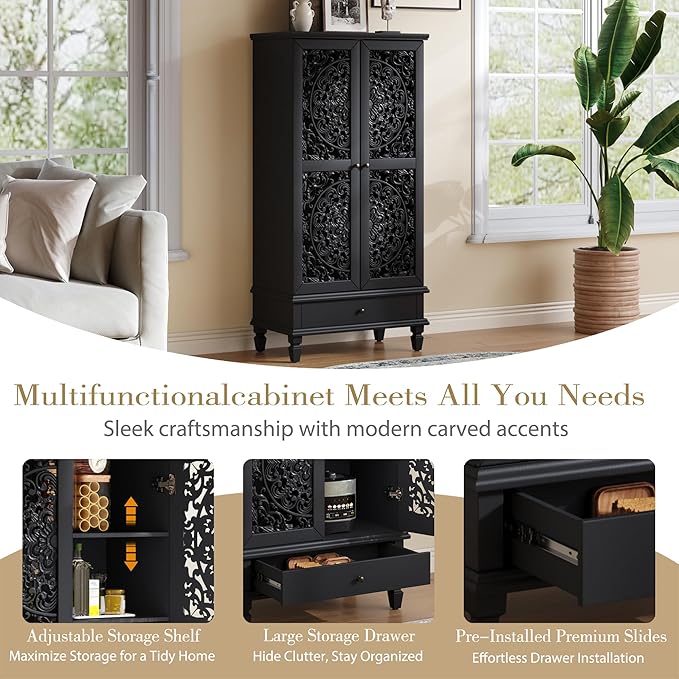 Rustic 55'' Tall Storage Cabinet with 2 Hollow-Carved Doors a Drawer, Wood Accent Cabinet with Solid Wood Legs for Living Room, Hallway, Dining Room (Black-T)