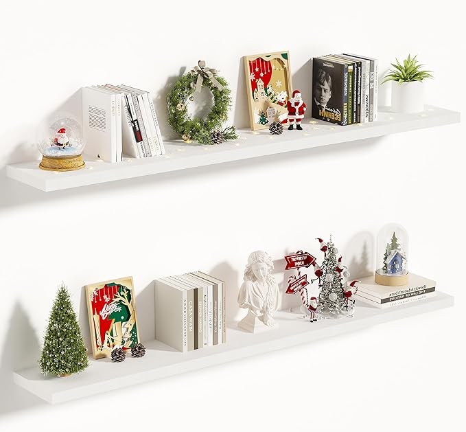 Vivelove 10 in Deep Floating Shelves for Wall, 55" x 10.2" x 1.5" Shelves for Room Wall Mounted, 1.5 Inch Thick Shelf for Bathroom Bedroom Kitchen Book Room, Modern Farmhouse Decor, Set of 2, White