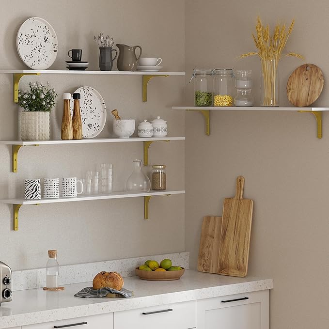 DINZI LVJ Long Wall Shelves, 47.3" Wall Mounted Shelves Set of 4, Large Floating Shelves with Metal Brackets, for Living Room, Bathroom, Bedroom, Kitchen, White and Gold
