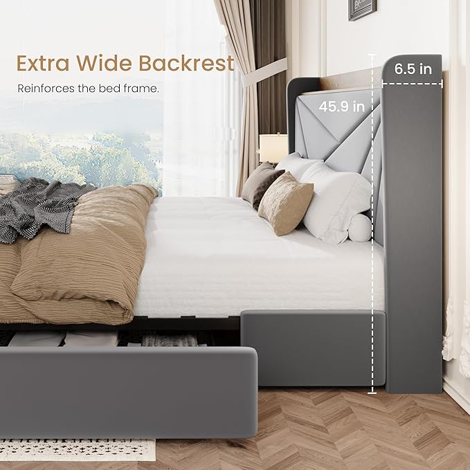 SHA CERLIN King Size Bed Frame with 3 Drawers, USB & Type-C Charging Ports, Velvet Upholstered Platform Bed with Modern Geometric Wingback Storage Headboard, No Box Spring Needed, Easy Assembly, Grey