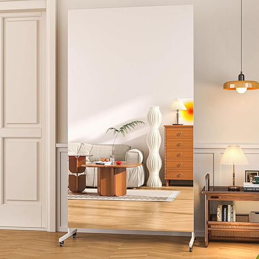 Hasipu Home Gym Mirror 360° Swivel on Wheels, 79" x 40" Extra Large Full Body Rolling and Tempered Glass Easy to Move Full Length Mirror for Yoga Studio, Bedroom, Dancing Studio, White