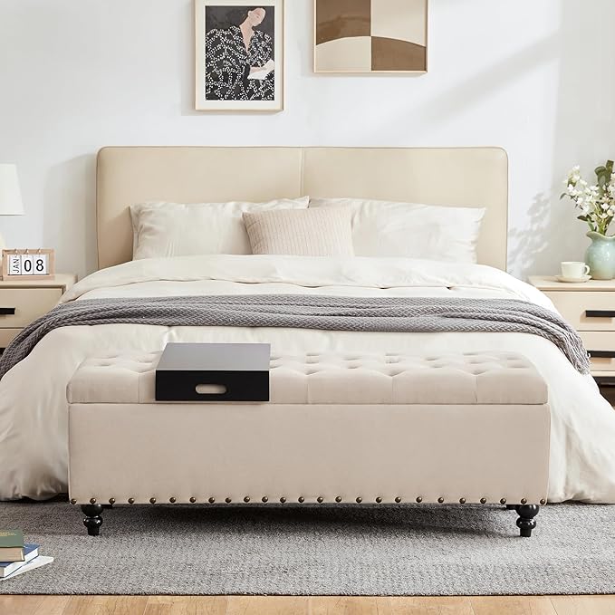 HUIMO 51-inch Storage Ottoman Bench with Removable Tray, Bedroom Bench with Button-Tufted, Safety Hinge Ottoman in Upholstered Fabrics, Large Long Bench for Living Room, Bedroom (Beige)